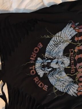 Black Fringe Graphic Tee with Eagle Print